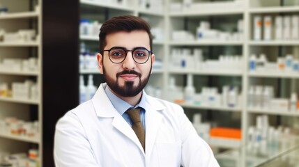 Fototapeta na wymiar Professional Male pharmacist Wearing white medical Lab Coat in pharmacy. Druggist in Drugstore Store with Shelves Health Care Products