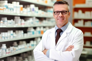 Fototapeta premium Professional Male pharmacist Wearing white medical Lab Coat in pharmacy. Druggist in Drugstore Store with Shelves Health Care Products