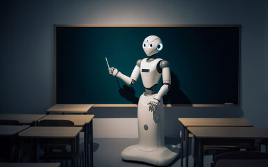 A robot teacher stands and teaches students in front of the blackboard in the classroom. The concept of replacing teachers with artificial intelligence or AI