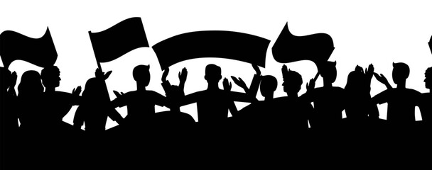 Crowd silhouette protest with flags. Revolution seamless illustration background.