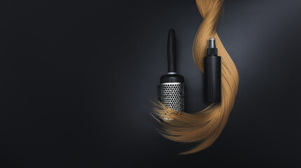 Blond shiny hair wave, Round brush for styling hair and Hair care spray on black background. Hairdresser service. Beauty salon service. Natural cosmetics for hair care. Hair care spa concept.