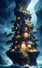 Fototapeta na wymiar A house on a cliff in the middle of the ocean. Storm. Fantastic landscape. AI