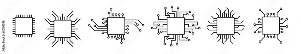 Poster tech cpu chip icon. digital ai deep learning futuristic frame. line microchip game interface vector