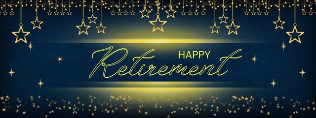 Happy Retirement card, banner. Beautiful greeting poster with calligraphy gold text