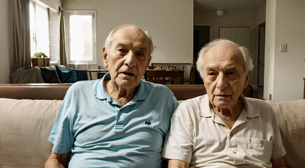Senior brothers or elderly friends sitting on couch in the retirement house - obrazy, fototapety, plakaty