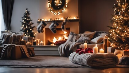 christmas decorated living room with decorated christmas tree, cozy blankets and pillows, fireplace warm lights, high detail 