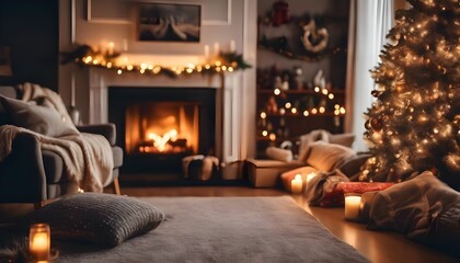 Fototapeta na wymiar christmas decorated living room with decorated christmas tree, cozy blankets and pillows, fireplace warm lights, high detail 