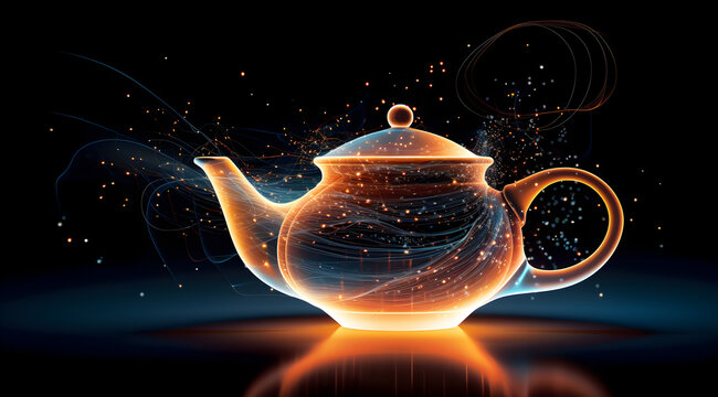 An abstract teapot glowing with warm neon lights, symbolizing comfort and warmth. Modern abstract sleek background.