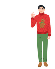 Asian man in ugly sweater. Merry Christmas vertical vector illustration