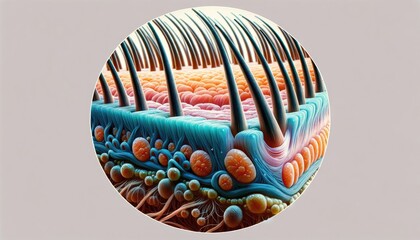 A macroscopic image showing the intricate structure of a human hair, highlighting the detailed layers of the cuticle, cortex, and medulla with microscopic precision.