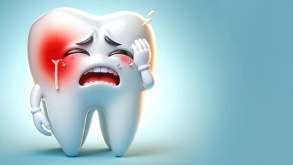 An engaging image of an anthropomorphic tooth character with a comically pained expression, hand to cheek, symbolizing the discomfort of a toothache.