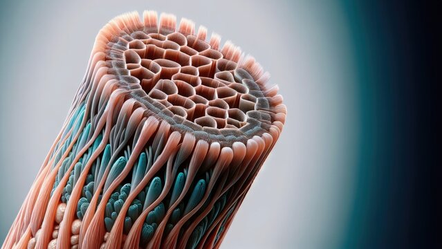An extremely detailed macro image of a single human hair strand, revealing the complexity of the cuticle, cortex, and medulla layers.