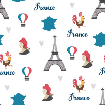 France symbols vector seamless pattern. Repeating background with Eiffel tower, Marianne, map, tricolor hot air balloon. Cute Paris digital paper with traditional attributes
