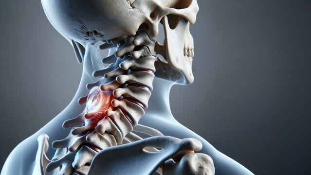 Medical illustration showing a side view of the human spine, highlighting a bulging disc between the vertebrae, detailed to indicate the specific area of pain and potential nerve impingement.