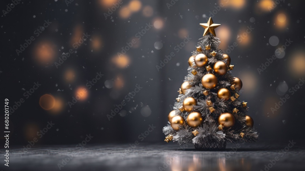 Canvas Prints  a small christmas tree with gold and silver ornaments and a star on top of it, on a table in front of a dark background.