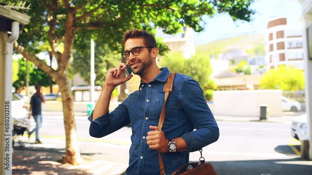 Aufkleber man, happy and conversation with phone call outdoor for networking, discussion and talking in road. 