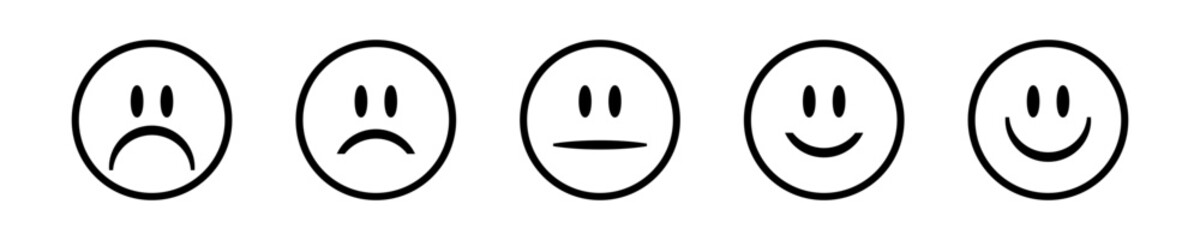 Line face feedback customer satisfaction scale. Emoji happy and sad faces rating.