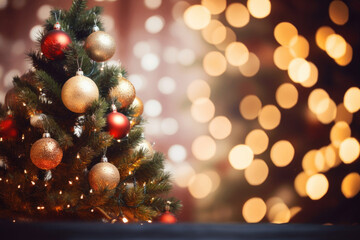 Obraz na płótnie Canvas Greeting Christmas card with Christmas tree and baubles
