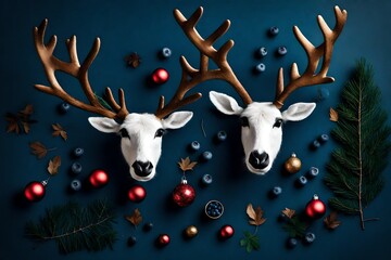 Reindeer of leaves, blueberries and Christmas balls. Minimalist flat lay