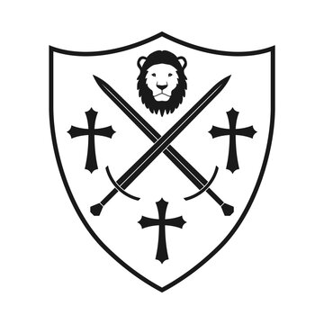 Shield and sword crossed, lion head and cross icon. Coat of arms symbol. heraldry logo sign. Vector illustration image.
