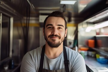 Portrait of a caucasian man cook seller of a street food truck, inside of food truck with crossed arms - obrazy, fototapety, plakaty
