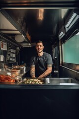Portrait of a caucasian man cook seller of a street food truck, inside of food truck with crossed arms