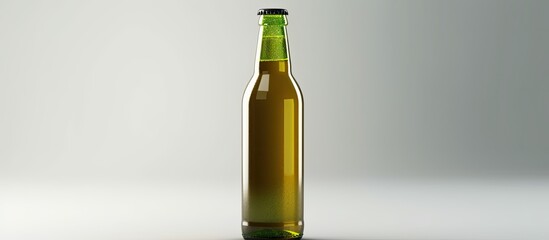 Fototapeta premium On a white background, an isolated green beer bottle containing a generic white cider stands empty, awaiting a pour of fizzy liquid gold known as lager. The blank label invites any brand of beer to