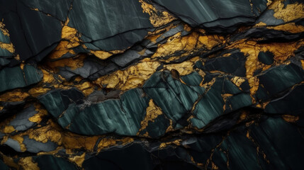 Silver, black rock texture with gold veins and golden nuggets. Background, wallpaper.