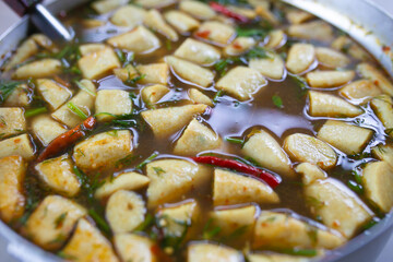 Fish curry sauce eat with Rice noodles and vegetables. Spicy taste, Thai food.	