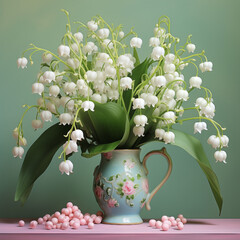 Lily of the valley in vase on green pastel background Bouquet Spring flowers Pastel colors