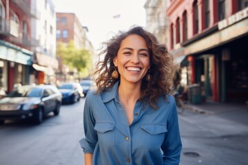 Portrait of a joyful woman in her 30s sporting a versatile denim shirt against a vibrant market street background. AI Generation