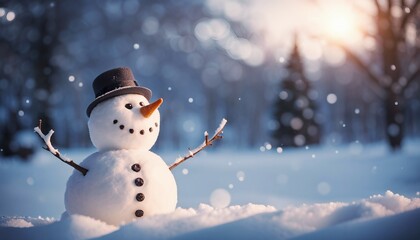 Snowman at christmas time, with snow and christmas tree around, and soft bokeh on background