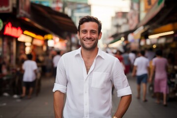 Portrait of a glad man in his 30s wearing a classic white shirt against a vibrant market street background. AI Generation