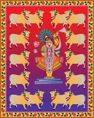 Shrinathji, Jagannath, or Lord Krishna with cows, in Indian folk painting Pichwai style	