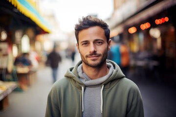 Portrait of a tender man in his 30s dressed in a comfy fleece pullover against a vibrant market street background. AI Generation