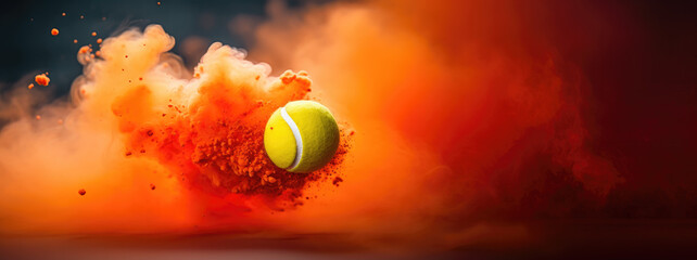 Tennis Ball Soaring Through the Air, Surrounded by an Orange Clay Dust Cloud, yellow ball contrast with orange background, intense activity concept in panorama wallpaper, banner with place for text 