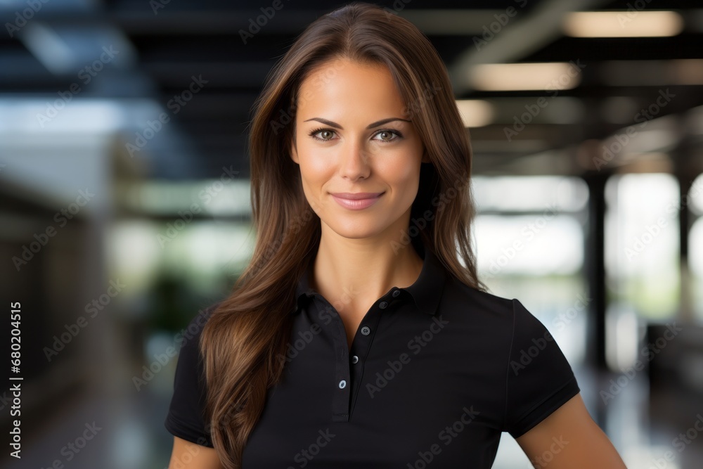 Wall mural Portrait of a blissful woman in her 30s wearing a sporty polo shirt against a sophisticated corporate office background. AI Generation