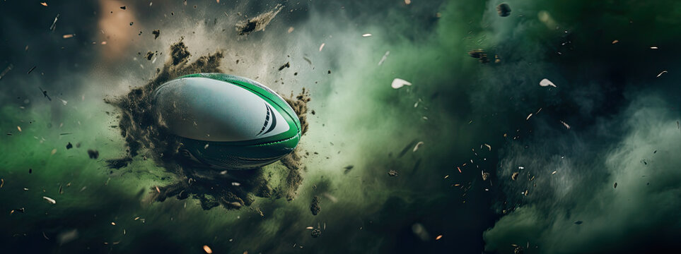A Green and White Rugby Ball Soaring Through the Air in an explosion of green smoke, piece of dirt and stadium turf, dynamic and original composition of a ball frozen in time, panorama banner