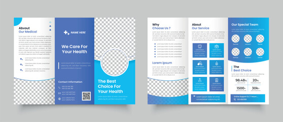 Medical Health care trifold brochure template, Hospital tri-fold layout design. - obrazy, fototapety, plakaty