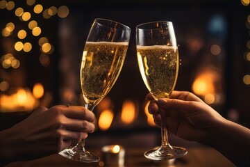 New Year's Cheers: Midnight Toast with Sparkling Lights, generative AI - obrazy, fototapety, plakaty