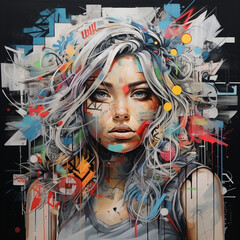 urban graffiti-style art with intricate tags, murals, and street art elements with woman face created with Generative Ai