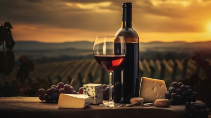 wine bottle with red wine with two wineglasses, grape and different types of cheese on the restaurant table outdoors, background of vineyard fields with grape