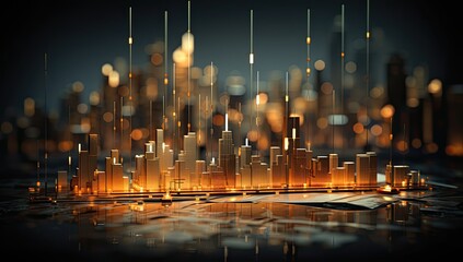 financial charts on a background behind a city scene