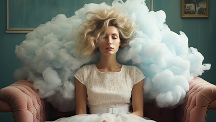Kobieta z głową w chmurach. 
