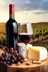 wine bottle with red wine with two wineglasses, grape and different types of cheese on the restaurant table outdoors, background of vineyard fields with grape