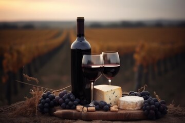 wine bottle with red wine with two wineglasses, grape and different types of cheese on the restaurant table outdoors, background of vineyard fields with grape - obrazy, fototapety, plakaty