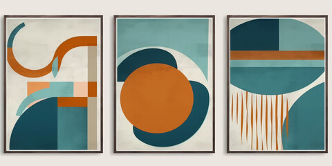 
Blue and orange geometric art illustration, hand-painted circle and line trilogy, triptych