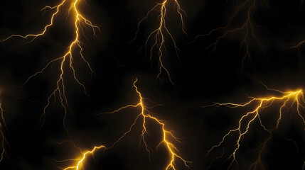 Seamless pattern of yellow lightning strikes over black background - obrazy, fototapety, plakaty