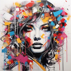 urban graffiti-style art with intricate tags, murals, and street art elements with woman face created with Generative Ai