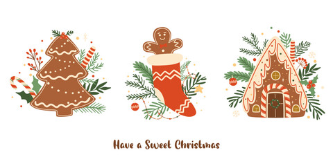 Christmas gingerbread cookies set. Tasty winter baked isolated vector element. Cute dessert decorated fir tree branches. Hand drawn food illustration collection for card, poster. New Year design.